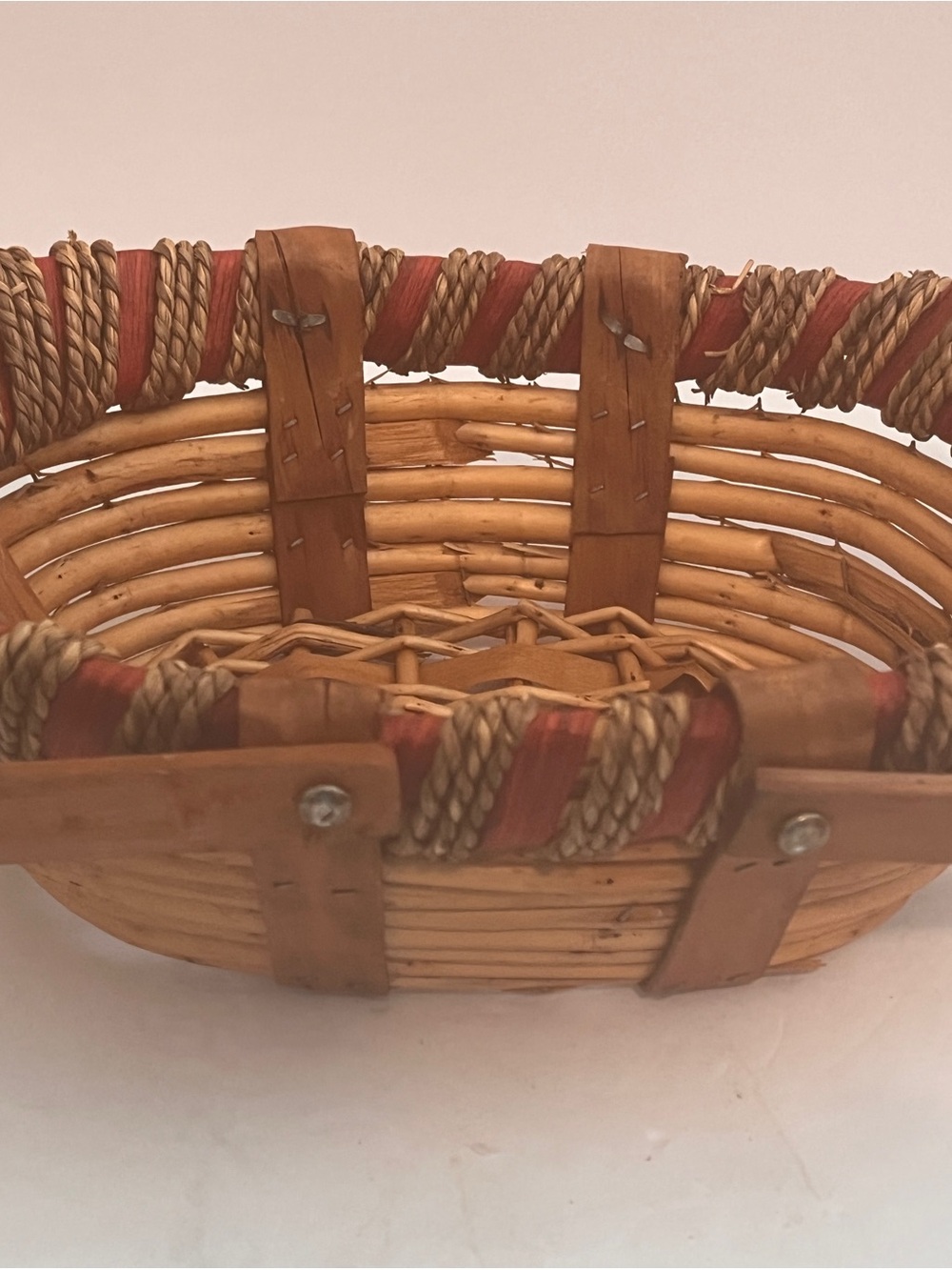 Handwoven Natural Wicker Basket with Red Accent Trim
